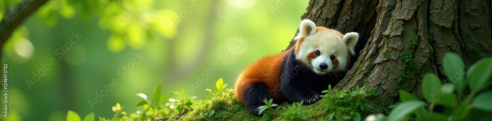 A tiny panda nestled in the crook of a large tree , animal portrait, detail, fluffy