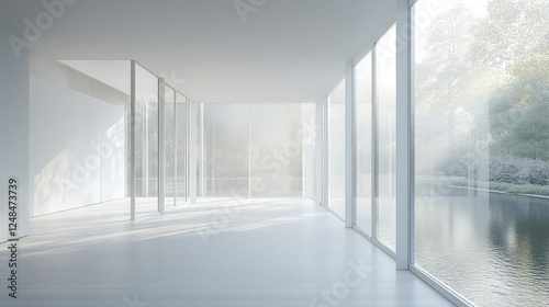 abstract white room with windows diffuse lighting modern architecture design with wooden floor 3d render illustration