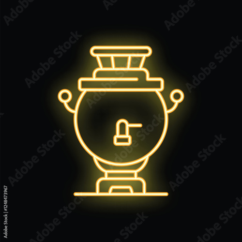 Yellow neon icon of traditional russian samovar standing on stand with tap and handles, glowing on dark background