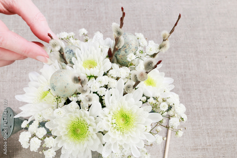 Florist at work: How to make floral arrangement with gypsophila paniculata twigs, chrysanthemums and catkins inside silver watering can. Easter decor idea. Step by step, tutorial.