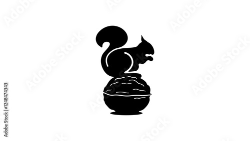 squirrel with nut, black isolated silhouette