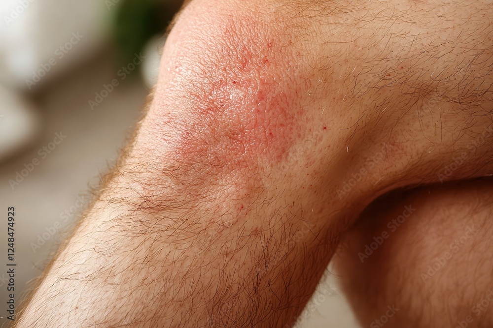 Naklejka premium Inflamed red rash on a man’s knee, irritated dry skin showing signs of eczema or allergic reaction, highlighting skin conditions, discomfort, and dermatological health issues.
