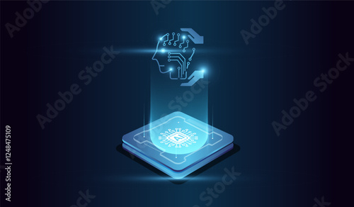 The microchip at the center represents computational power. with a glowing microchip at the base emitting a holographic human head of artificial intelligence.