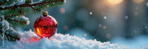 Glass red ball suspended from a thin fir branch, thin, snowflakes, ball