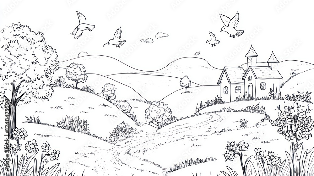 Peaceful countryside church, birds flying, rolling hills, spring Peaceful countryside church, birds flying, rolling hills, spring
