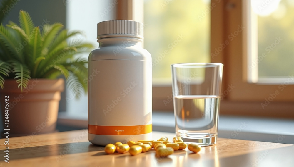 a modern vitamin bottle with a sleek label, placed on a wooden countertop alongside a glass of water and scattered capsules a modern vitamin bottle with a sleek label, placed on a wooden countertop alongside a glass of water and scattered capsules