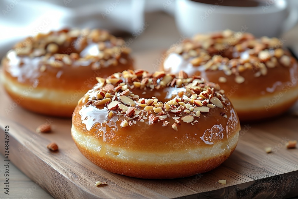 Glazed donuts topped with chopped nuts placed on wooden board, golden brown dough reflecting light, crispy exterior, fluffy interior, inviting sweetness perfect for dessert or breakfast treat. Glazed donuts topped with chopped nuts placed on wooden board, golden brown dough reflecting light, crispy exterior, fluffy interior, inviting sweetness perfect for dessert or breakfast treat.