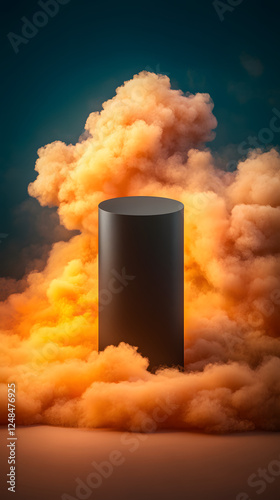 Mysterious podium stand surrounded by dramatic smoke abstract art studio setting artistic perspective visual concept