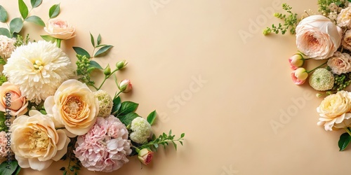 Elegant Pastel Floral Arrangement with Delicate Blooms and Lush Greenery on a Soft Beige Background
