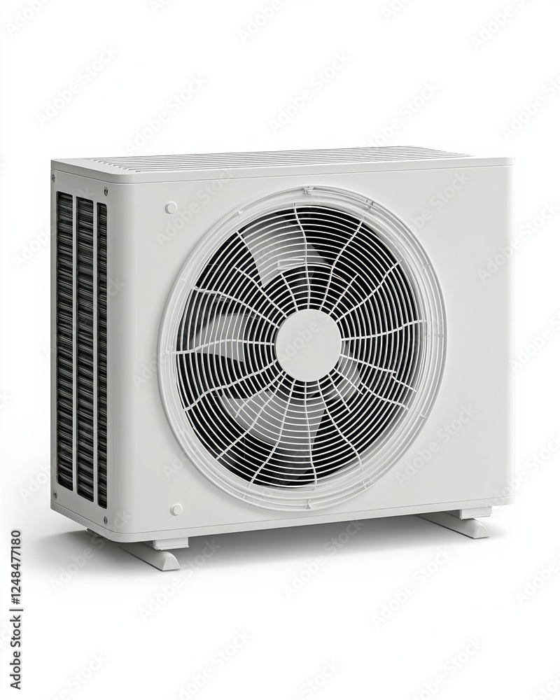 A compact air conditioning unit featuring a large fan, designed for efficient cooling in residential or commercial spaces.