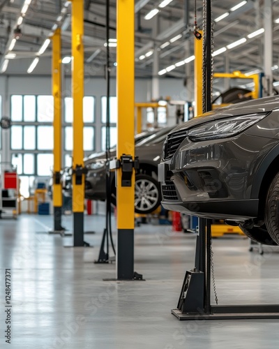 A modern auto repair shop with multiple cars elevated on lifts, showcasing a clean, organized space with bright lighting and yellow support columns.