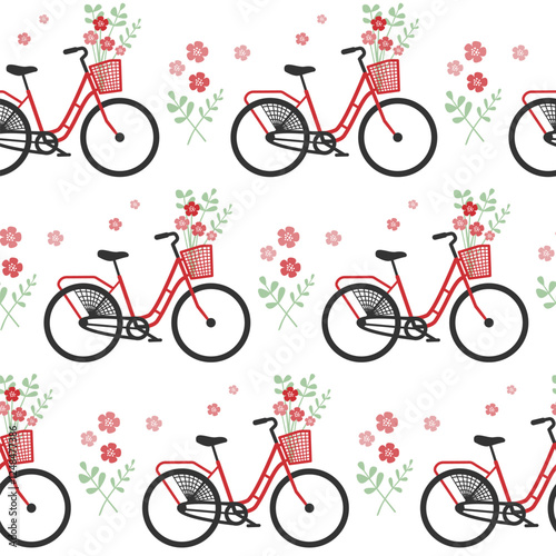 Seamless pattern with granny bikes and flowers