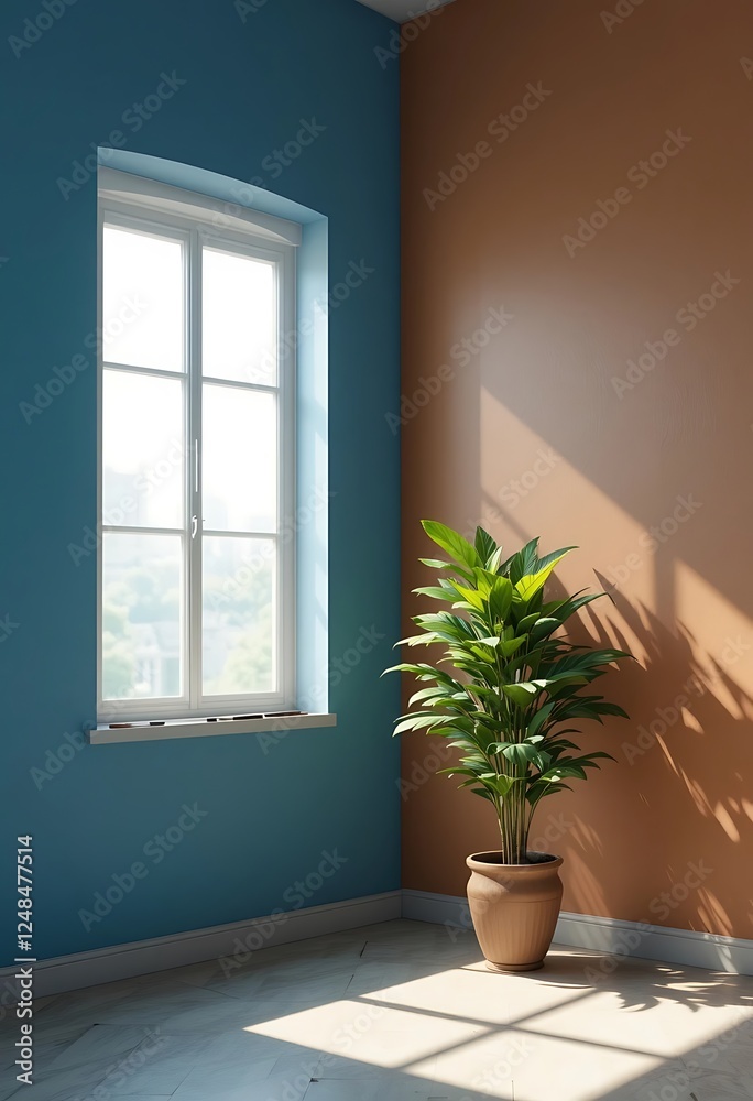 Modern interior design showcasing a window, houseplant, and vibrant wall colors Modern interior design showcasing a window, houseplant, and vibrant wall colors