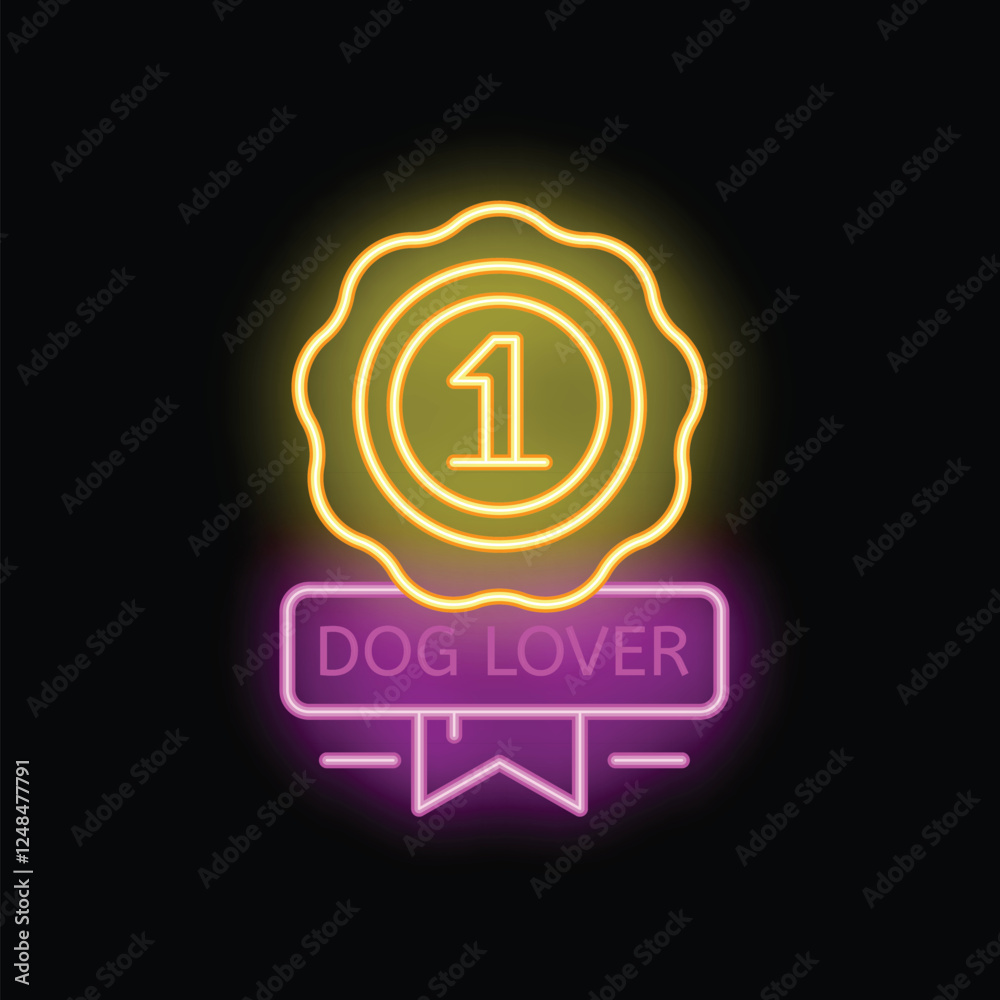 Neon sign with ribbon and number one award for dog lovers glowing on a black wall Neon sign with ribbon and number one award for dog lovers glowing on a black wall