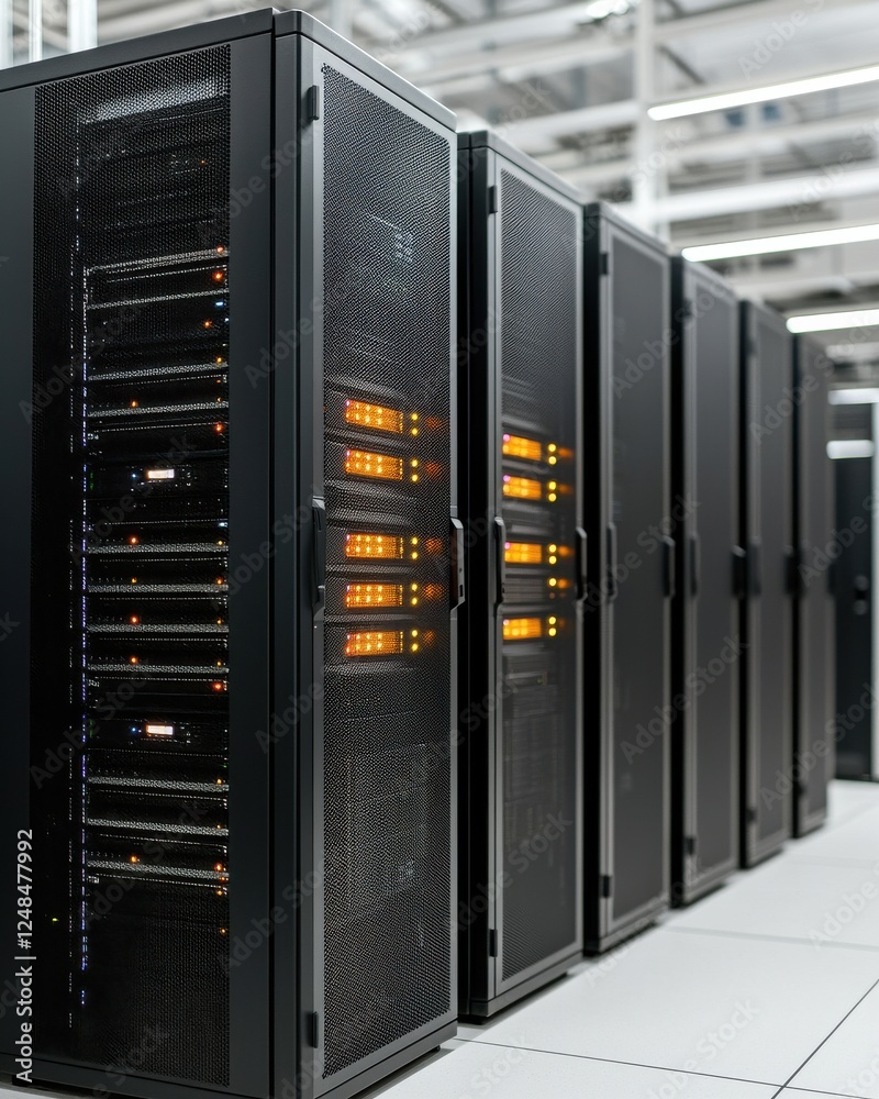 A modern data center featuring rows of sleek black server racks with illuminated orange lights, indicating operational status and connectivity. A modern data center featuring rows of sleek black server racks with illuminated orange lights, indicating operational status and connectivity.