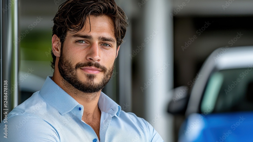 Confident and Composed Young Professional Man Wearing a Blue Shirt and Suit in a Modern Business Setting Confident and Composed Young Professional Man Wearing a Blue Shirt and Suit in a Modern Business Setting