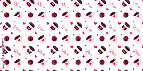Seamless pattern with lovely coffee, chocolates, hearts and inscriptions on white background.Design for decorations, wrapping papper, packaging, wallpapper, textile.Valentines day.Vector illustration.