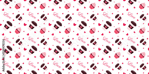 Seamless pattern with lovely coffee, capcakes, hearts and inscriptions on white background. Design for decorations, wrapping papper, packaging, wallpapper, textile. Valentines day.Vector illustration.
