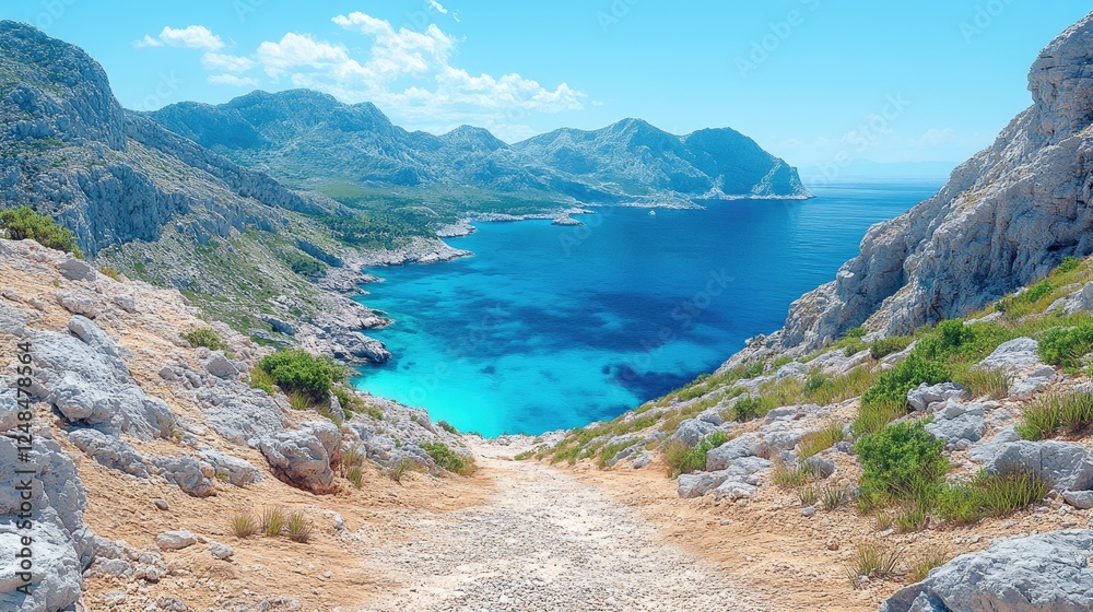 Obraz premium Coastal Hike: Turquoise Waters, Rocky Path, Mediterranean Views