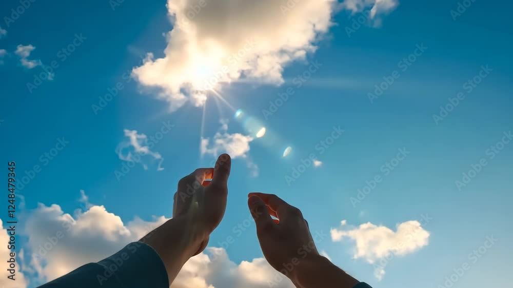Hands, sky and sun with clouds for hope and freedom. Reaching, sunlight and weather with blue sky for inspiration. Nature, faith and spirituality concept