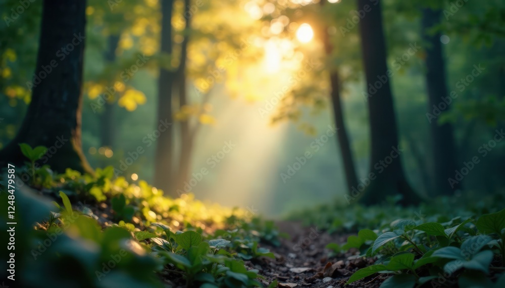 Obraz premium Blurred light streaks through foliage, deep shadows below, still, dreamy, woodland