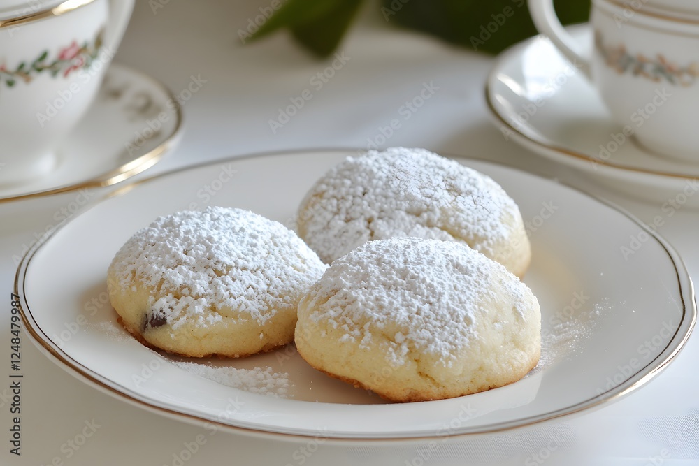Chocolate chip cookies with a dusting of powdered sugar on a plate. Chocolate chip cookies with a dusting of powdered sugar on a plate.