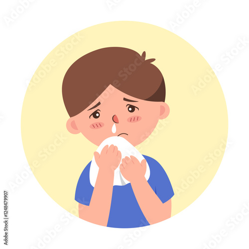 A vector illustration representing a runny nose. Often associated with common colds and allergies (boy)