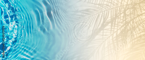 abstract sand beach from above with blue transparent water wave and palm leaf shadow, beautiful nature scene background banner with copy space for travel destination, vacation and body care