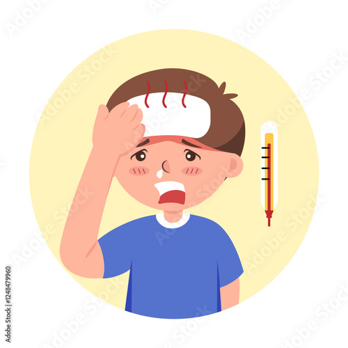 A vector illustration symptoms of high fever, headache, and body aches focusing on flu or viral infections. (boy)
