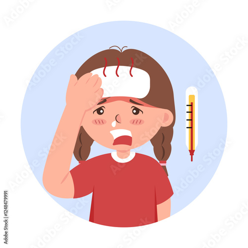 A vector illustration symptoms of high fever, headache, and body aches focusing on flu or viral infections. (Girl)