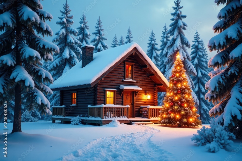 Snow-covered trees surrounding a cozy winter cabin with a decorated Christmas tree, winter cabin, colorful, cozy Snow-covered trees surrounding a cozy winter cabin with a decorated Christmas tree, winter cabin, colorful, cozy
