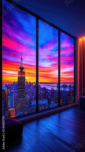 Vibrant Cityscape Sunset  Stunning View from Modern Apartment