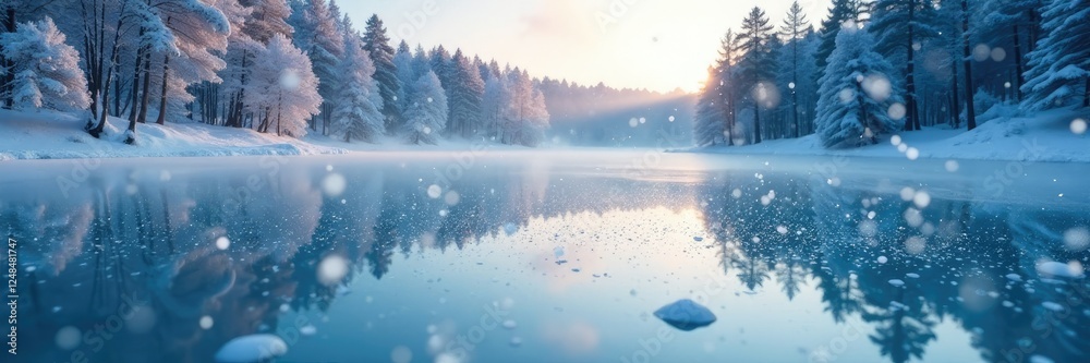 Fototapeta premium Snowflakes gently falling on frozen lake's surface, serenity, forest, frozen