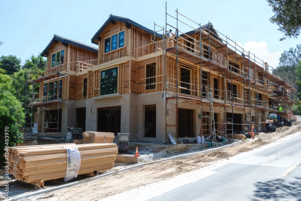 Modern townhouses under construction with scaffolding Modern townhouses under construction with scaffolding