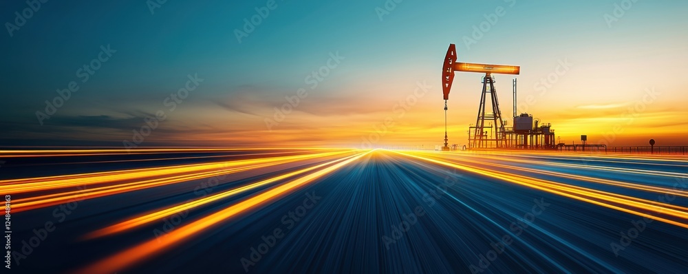 Fototapeta premium Dramatic sunset landscape with oil pumpjack road and blurred motion effect showcasing energy sector investment data and infrastructure development