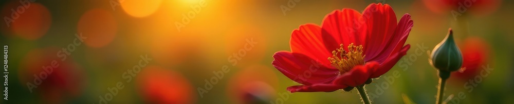 Afternoon sun casts a warm glow on the red flower, floral, petals Afternoon sun casts a warm glow on the red flower, floral, petals