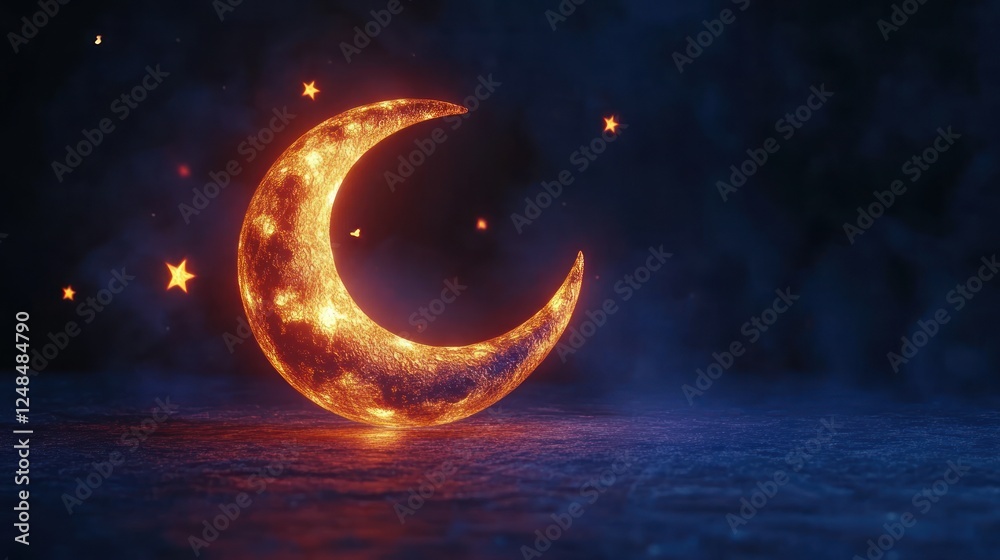 Fototapeta premium Glowing Crescent Moon And Stars Night Scene