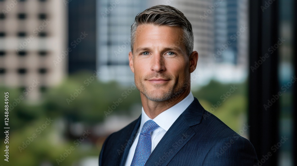 Confident and Serious Corporate Leader Exuding Authority and Power in a Professional Business Portrait Against an Urban Backdrop of Skyscrapers and Office Buildings Confident and Serious Corporate Leader Exuding Authority and Power in a Professional Business Portrait Against an Urban Backdrop of Skyscrapers and Office Buildings