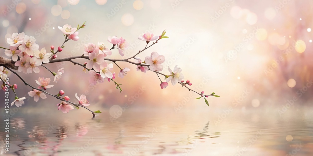 Fototapeta premium Serene Blossom Branch Reflected in Calm Water, a Peaceful Springtime Scene
