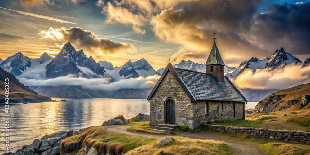 Fototapeta premium Serene Stone Chapel at Golden Hour, Nestled Amongst Majestic Peaks and Tranquil Waters