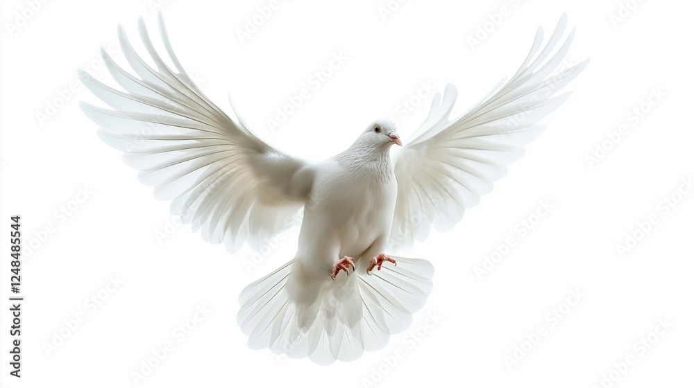 white dove in flight. The dove is in the center of the image, with its wings spread wide and its body facing towards the left side of the frame white dove in flight. The dove is in the center of the image, with its wings spread wide and its body facing towards the left side of the frame