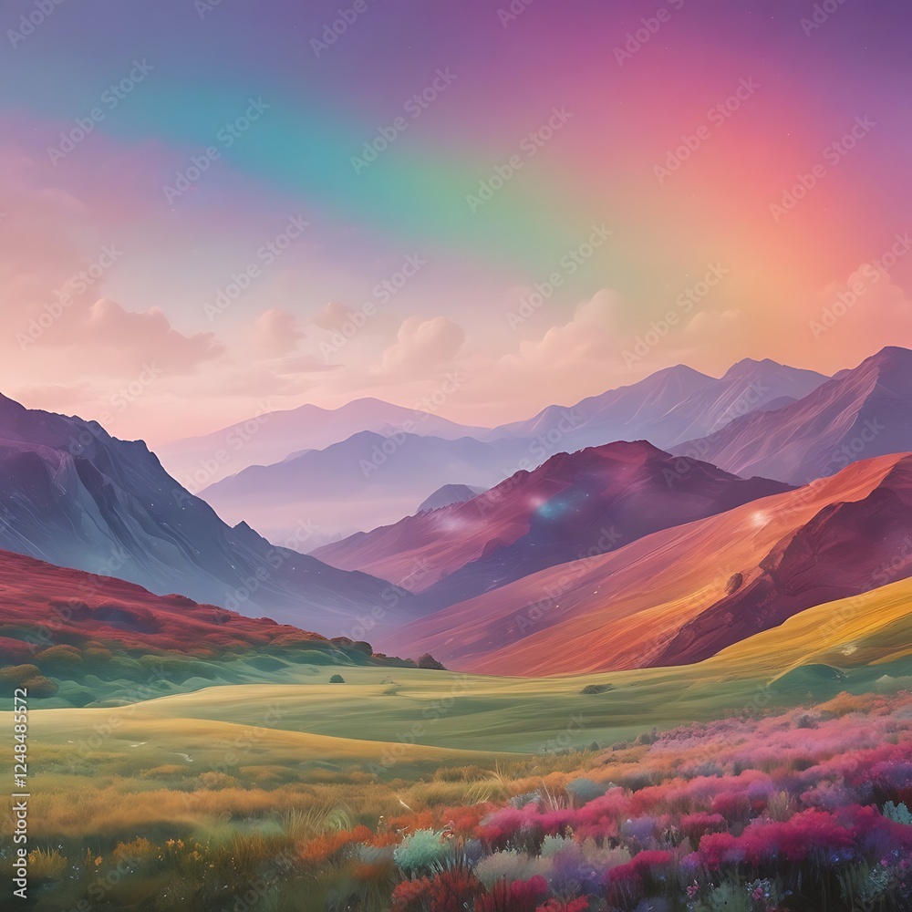 Harmonious highlands, a painted skyscape with rainbow hues Harmonious highlands, a painted skyscape with rainbow hues