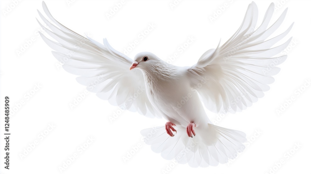 white dove in flight. The dove is in the center of the image, with its wings spread wide and its body facing towards the left side of the frame white dove in flight. The dove is in the center of the image, with its wings spread wide and its body facing towards the left side of the frame