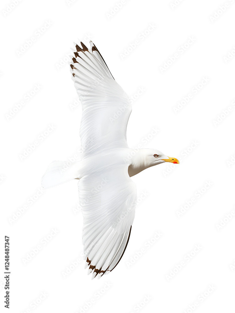 Seagull perched on a white background, showcasing its graceful posture.
Seagull perched on a white background, showcasing its graceful posture.