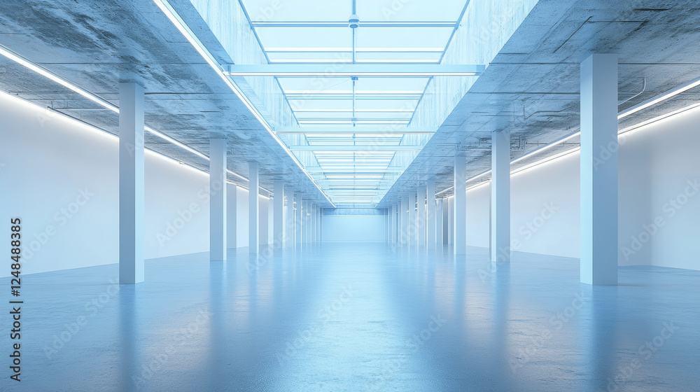 Abstract futuristic white concrete building interior with open ceiling and artificial blue lighting 3d render illustration Abstract futuristic white concrete building interior with open ceiling and artificial blue lighting 3d render illustration