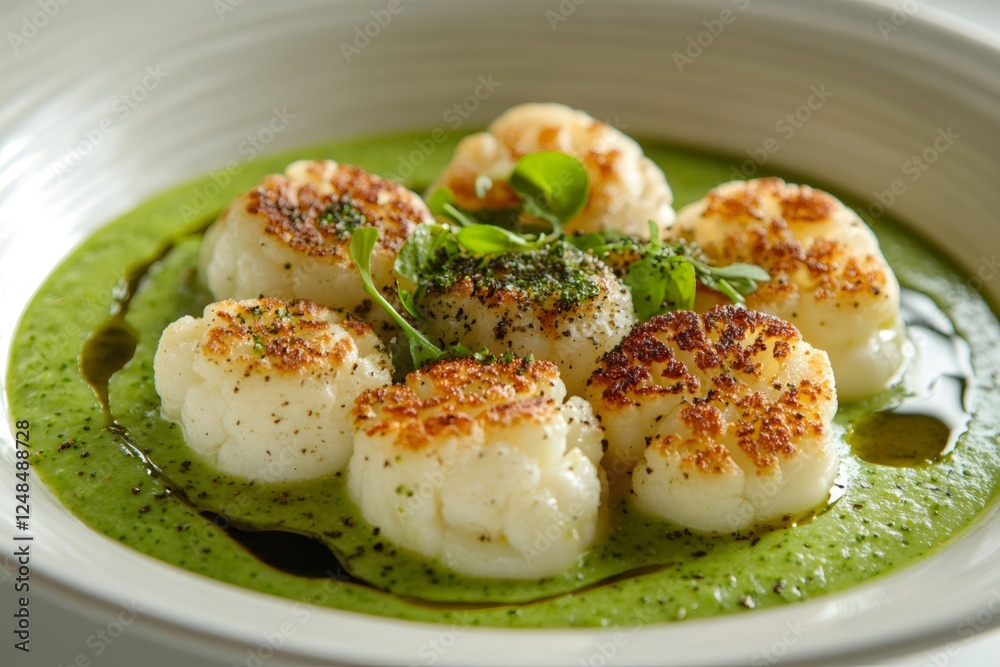 Seared scallops with pea puree and microgreens garnish creating delicious seafood dish Seared scallops with pea puree and microgreens garnish creating delicious seafood dish