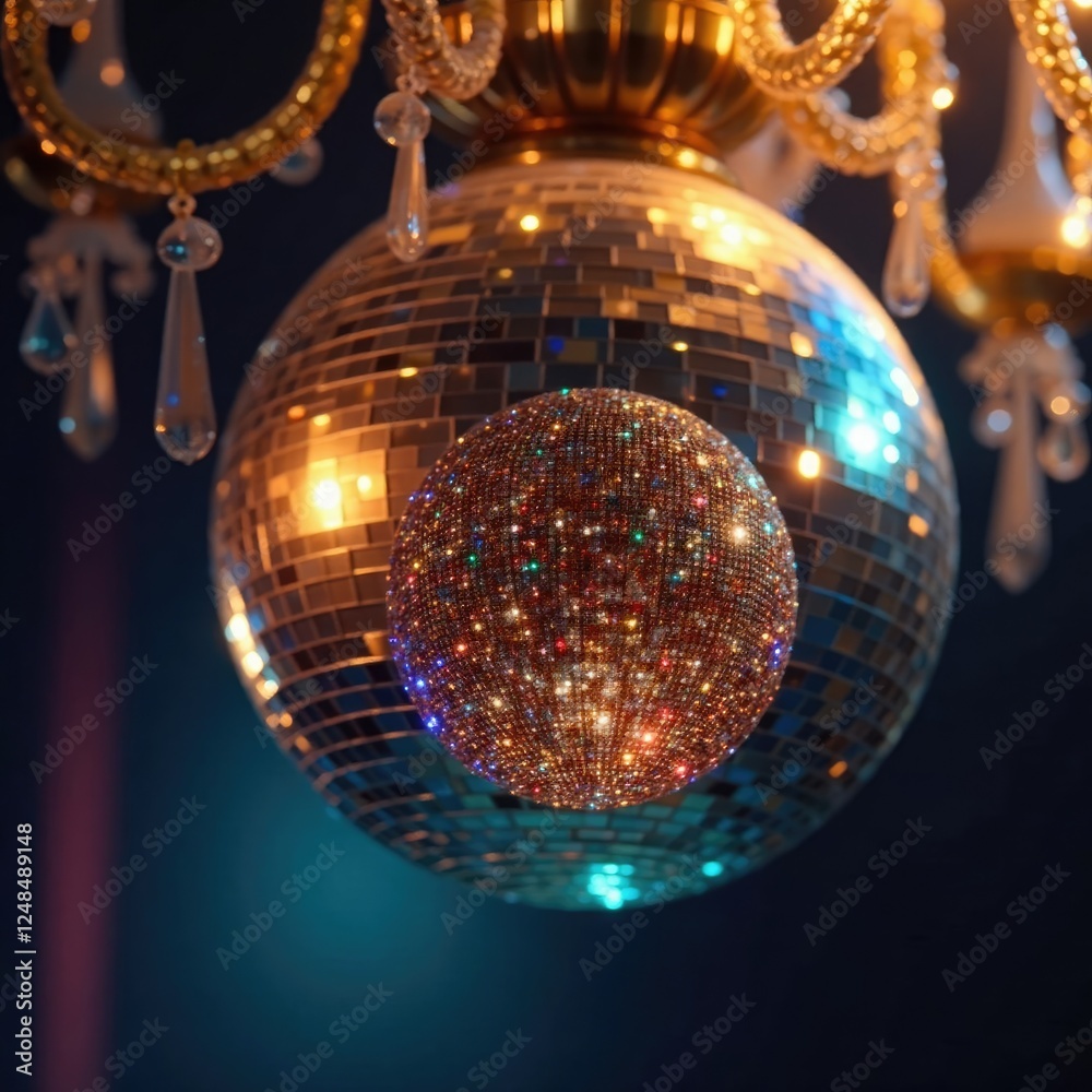 Obraz premium Glittering disco ball suspended from ornate chandelier, glitter, chandelier, disco