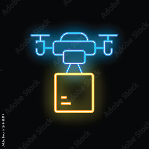 Neon sign illustration of a drone delivering a package, representing modern delivery services