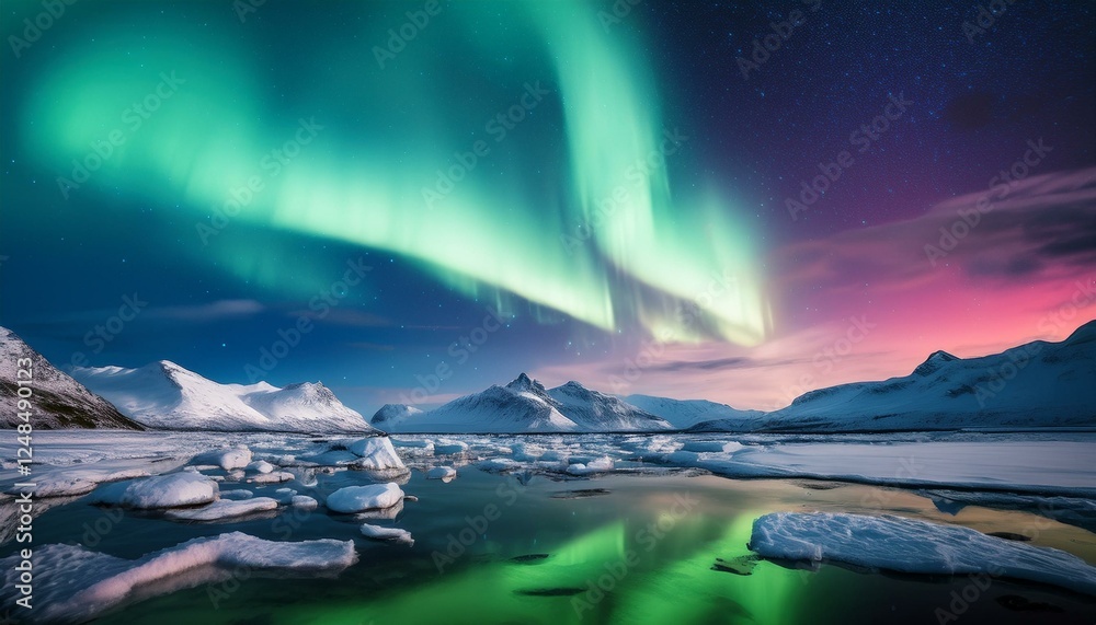 A dazzling view of the Northern Lights dancing across the Arctic sky, reflecting on the icy landscape below. The vibrant colors create a magical and serene atmosphere in the frozen wilderness. A dazzling view of the Northern Lights dancing across the Arctic sky, reflecting on the icy landscape below. The vibrant colors create a magical and serene atmosphere in the frozen wilderness.