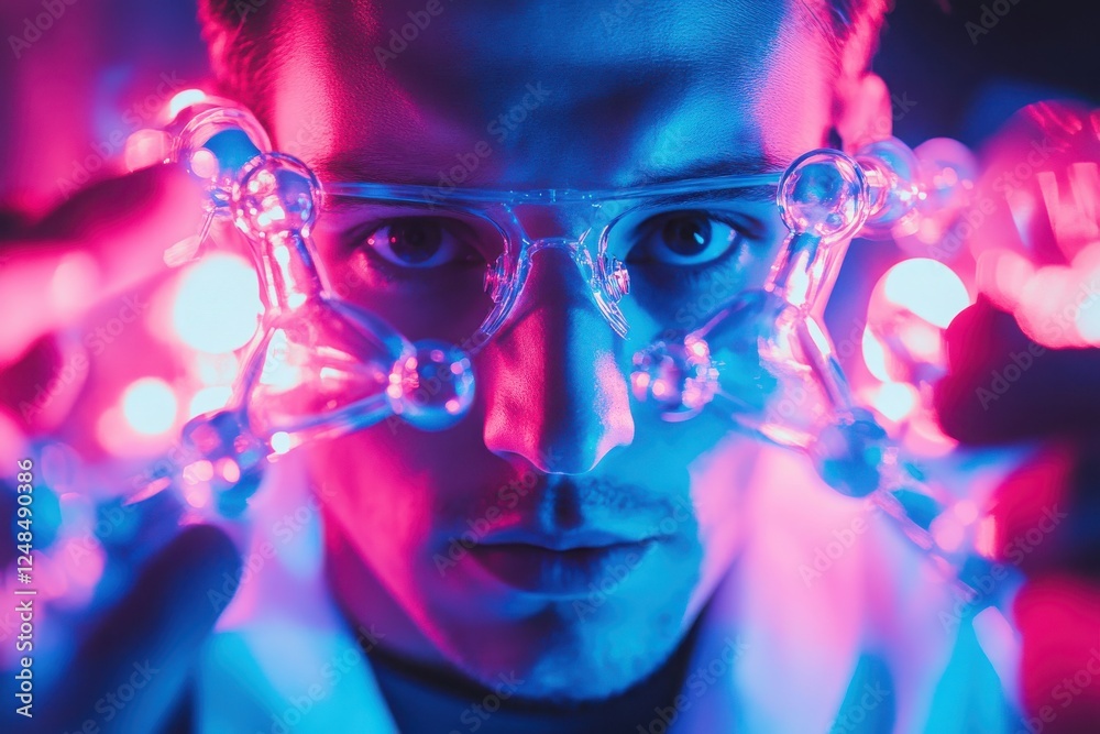 Scientist Examining Molecular Structures with Neon Illuminations Scientist Examining Molecular Structures with Neon Illuminations